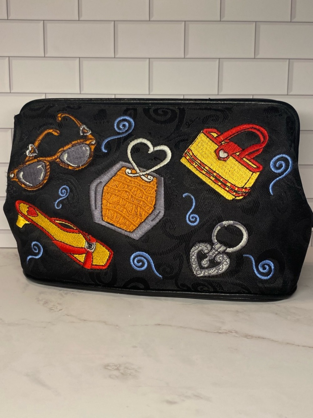 Vintage Brighton ‘Fashion Inspired Patchwork’ Embroidered Black Cosmetics Bag